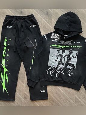Hellstar Black Hoodie & Joggers Set with Neon Green Graphics